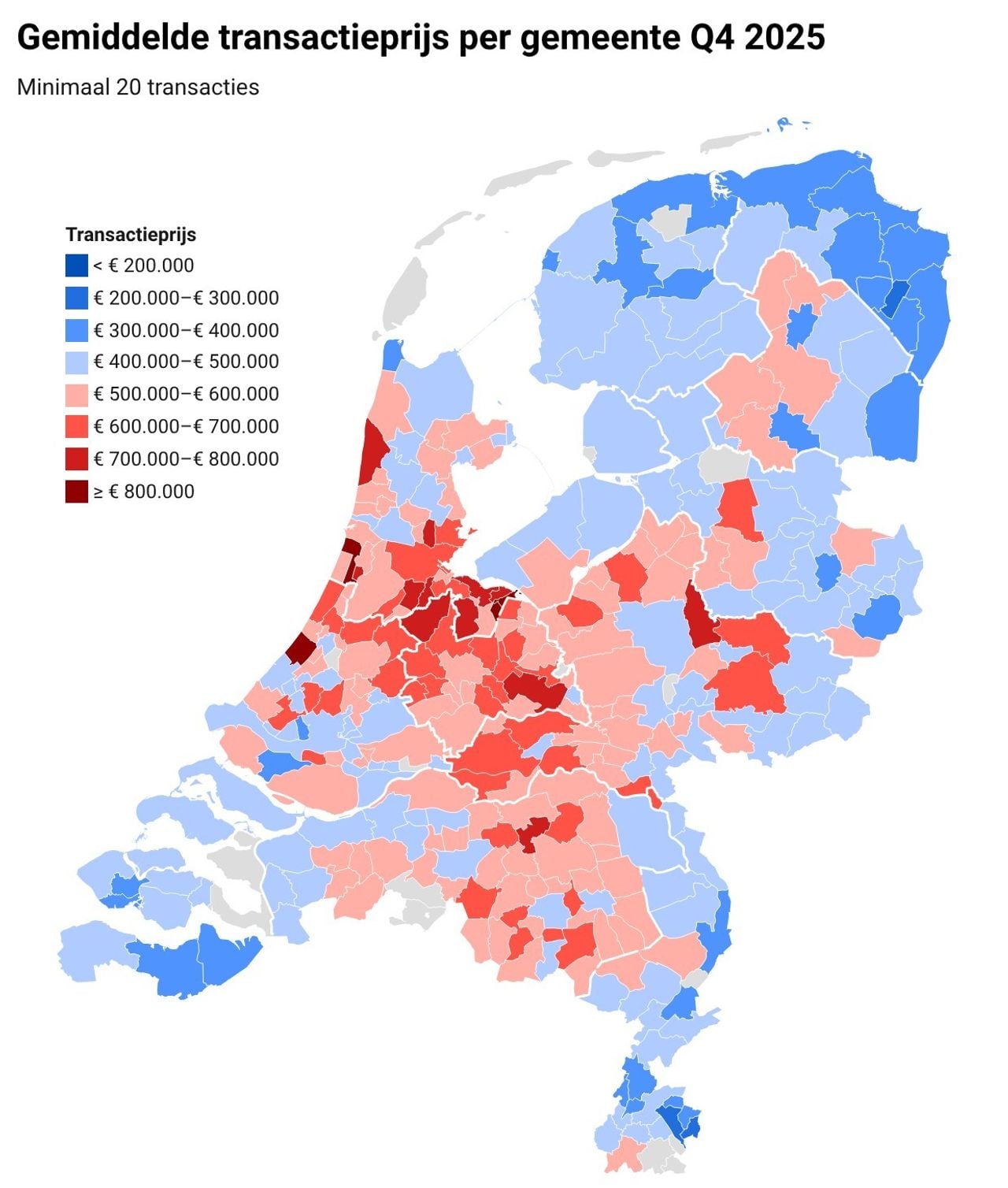 Gemiddelde transactieprijs per gemeente 4e kwartaal 2025 (foto: NVM/ brainbay, CBS-kaart).