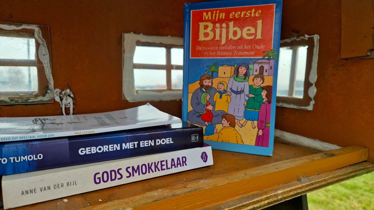 Een aantal boeken in de christelijke minibieb van Sija Snoei uit Werkendam (foto: Niek de Bruijn).