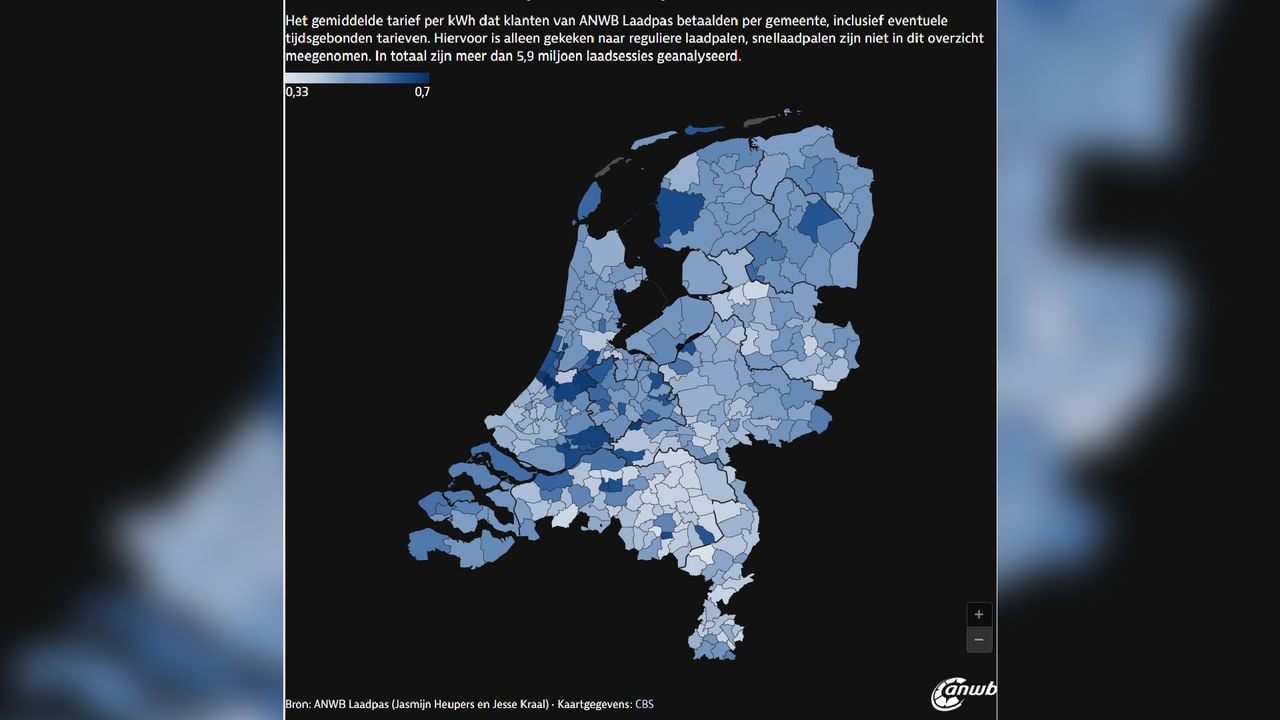 De donkerblauwe gemeentes zijn de duurste laadgemeentes (foto: ANWB).