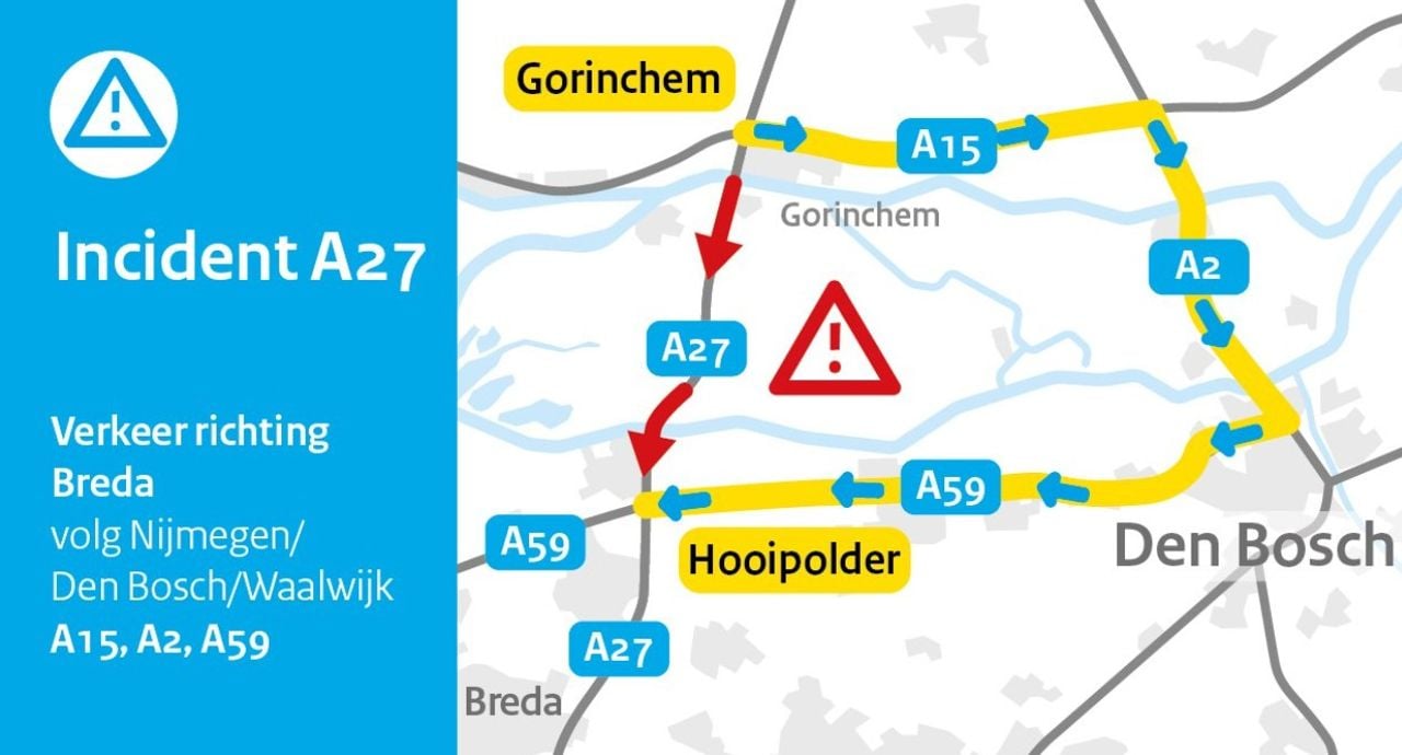 Vanwege het ongeluk op de A27 is een omleiding ingesteld (foto: X/Rijkswaterstaat Verkeersinformatie).