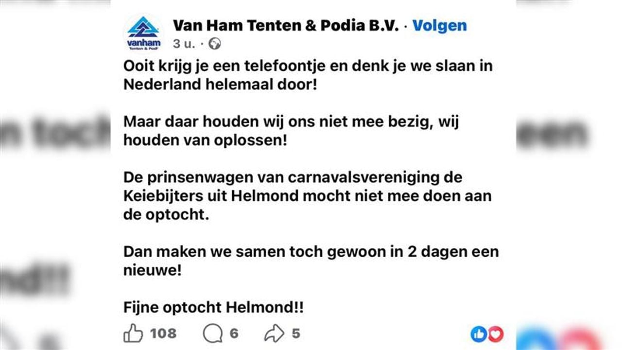 Het oorspronkelijke Facebook-bericht van Van Ham Tenten & Podia (foto: Omroep Brabant).