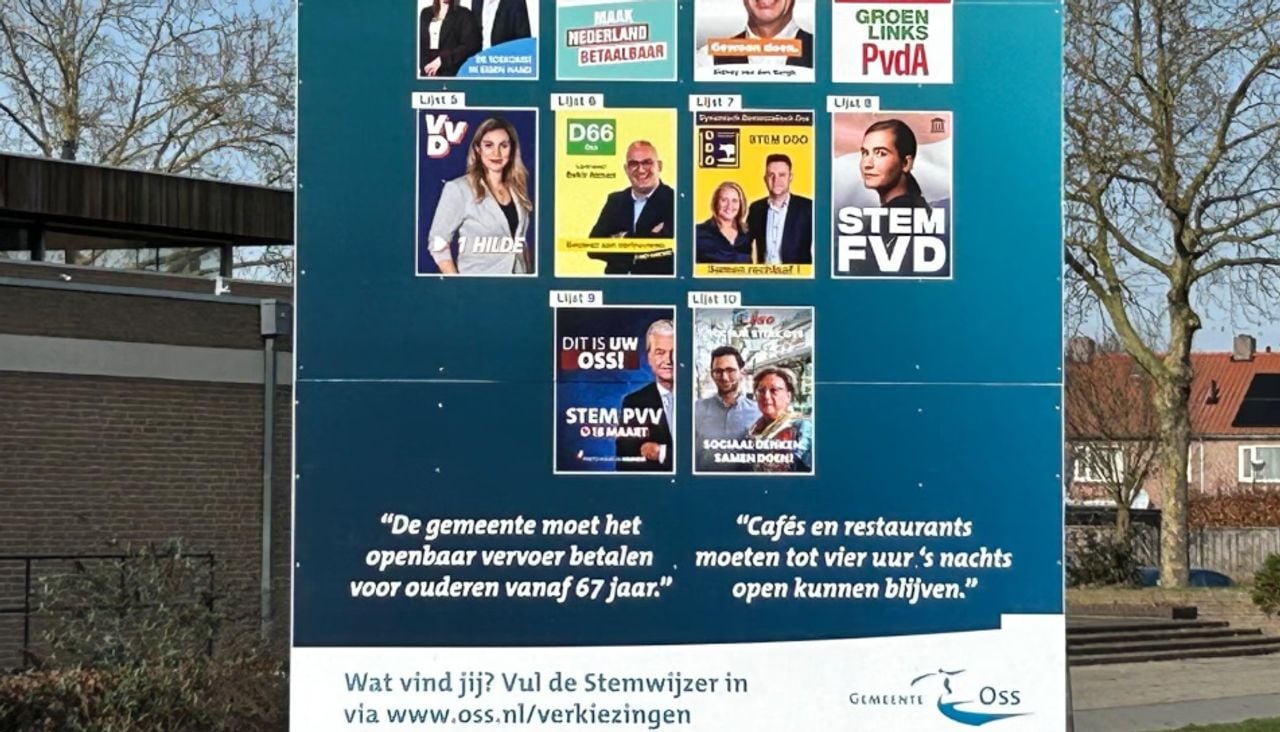 Op de borden zijn slogans uit de stemwijzer geplaatst.