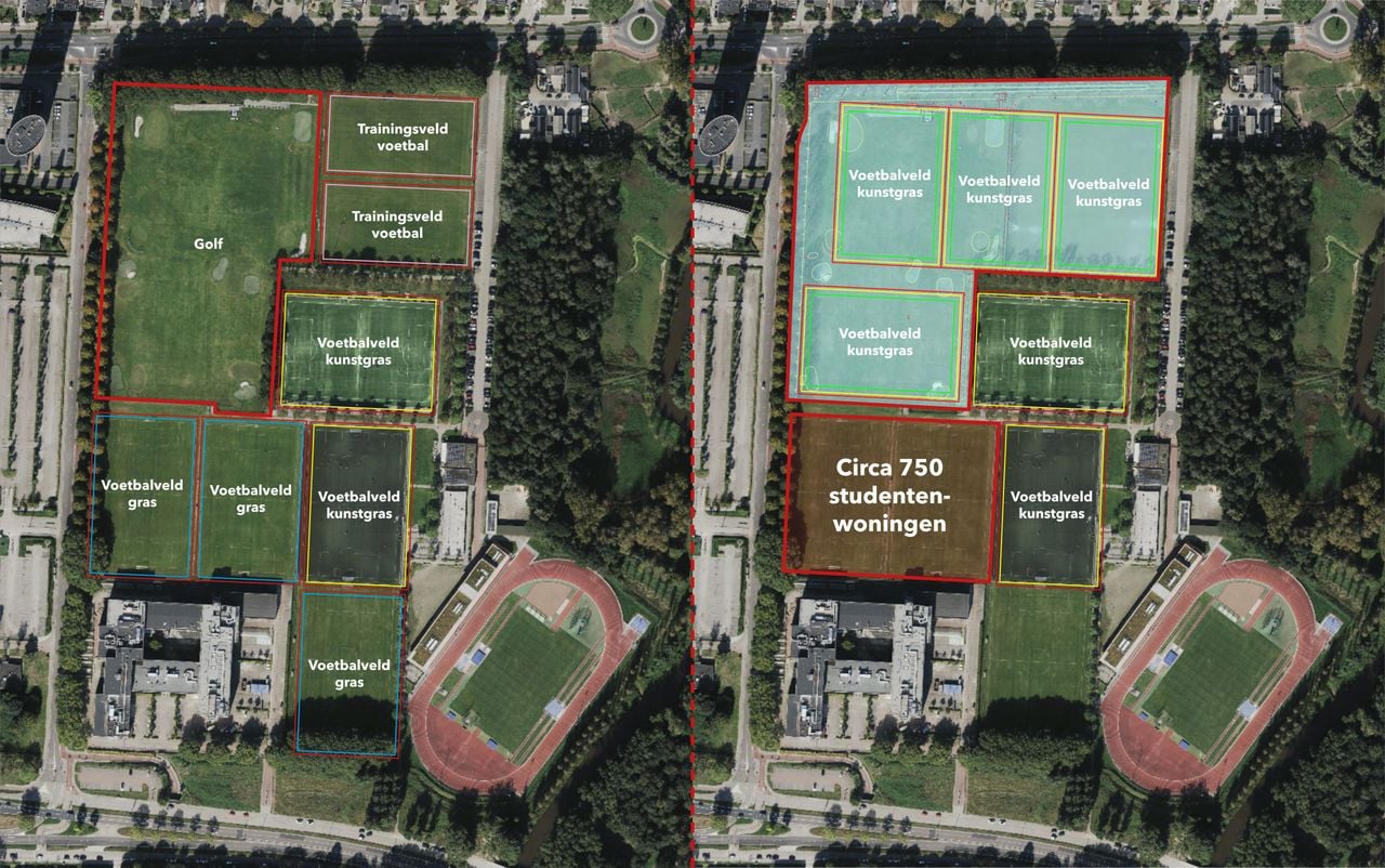 Links de situatie op Sportpark de Hondsheuvels op dit moment, rechts hoe het gaat worden (foto: TU/e).