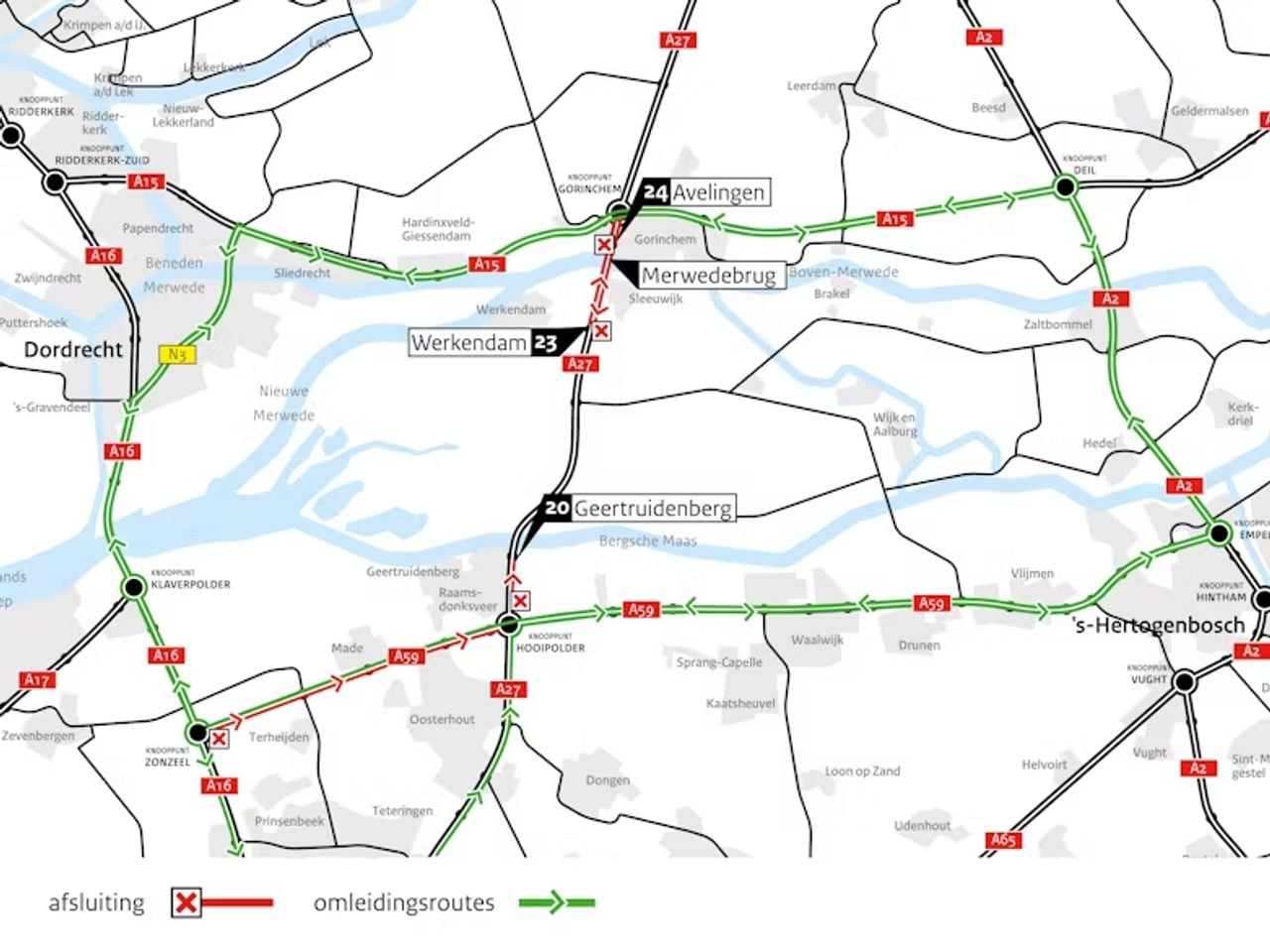 Omleidingskaart bij de afsluitingen tussen Hooipolder en Gorinchem van 6 tot 9 maart 2026 (foto: Rijkswaterstaat).
