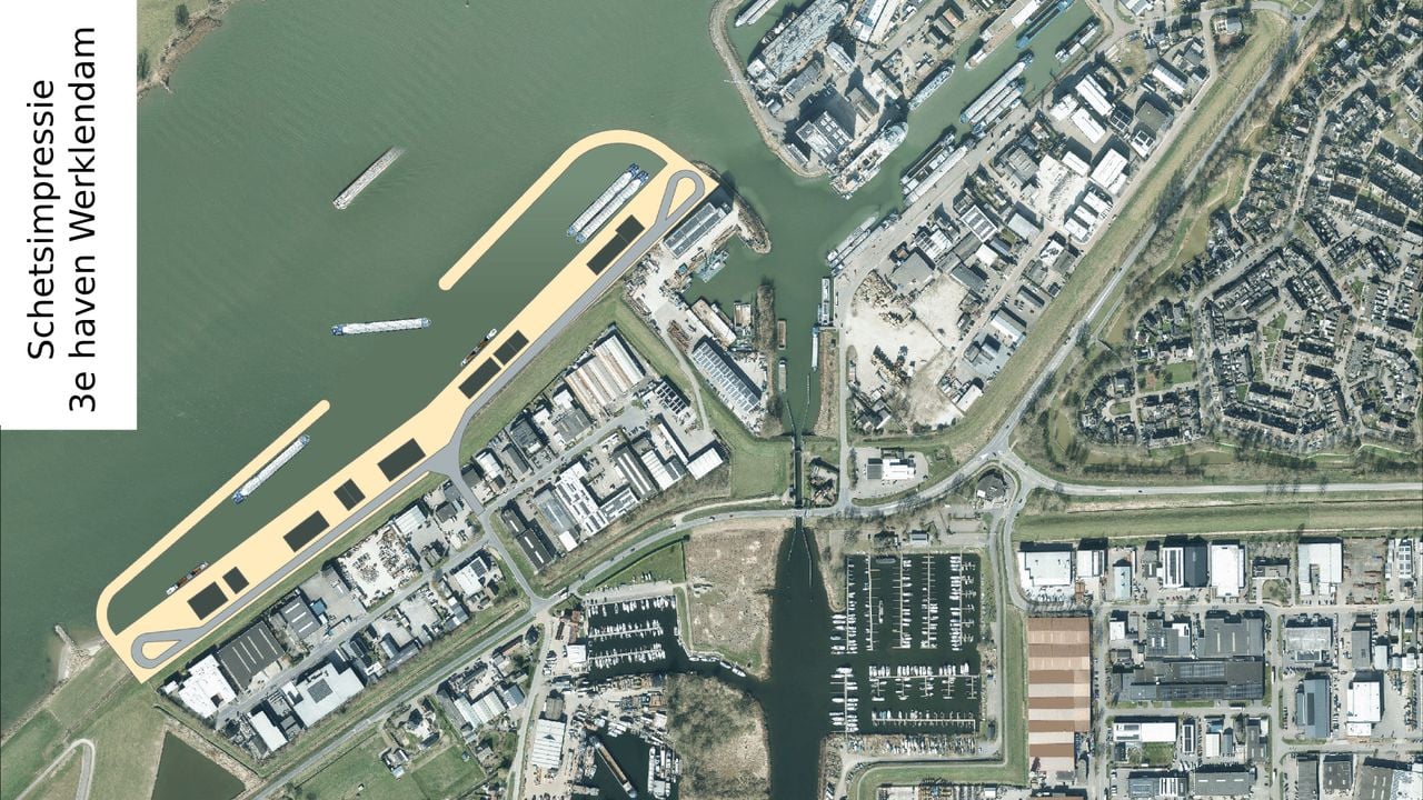 Een impressie van waar de derde haven in Werkendam moet komen te liggen (foto: gemeente Altena)