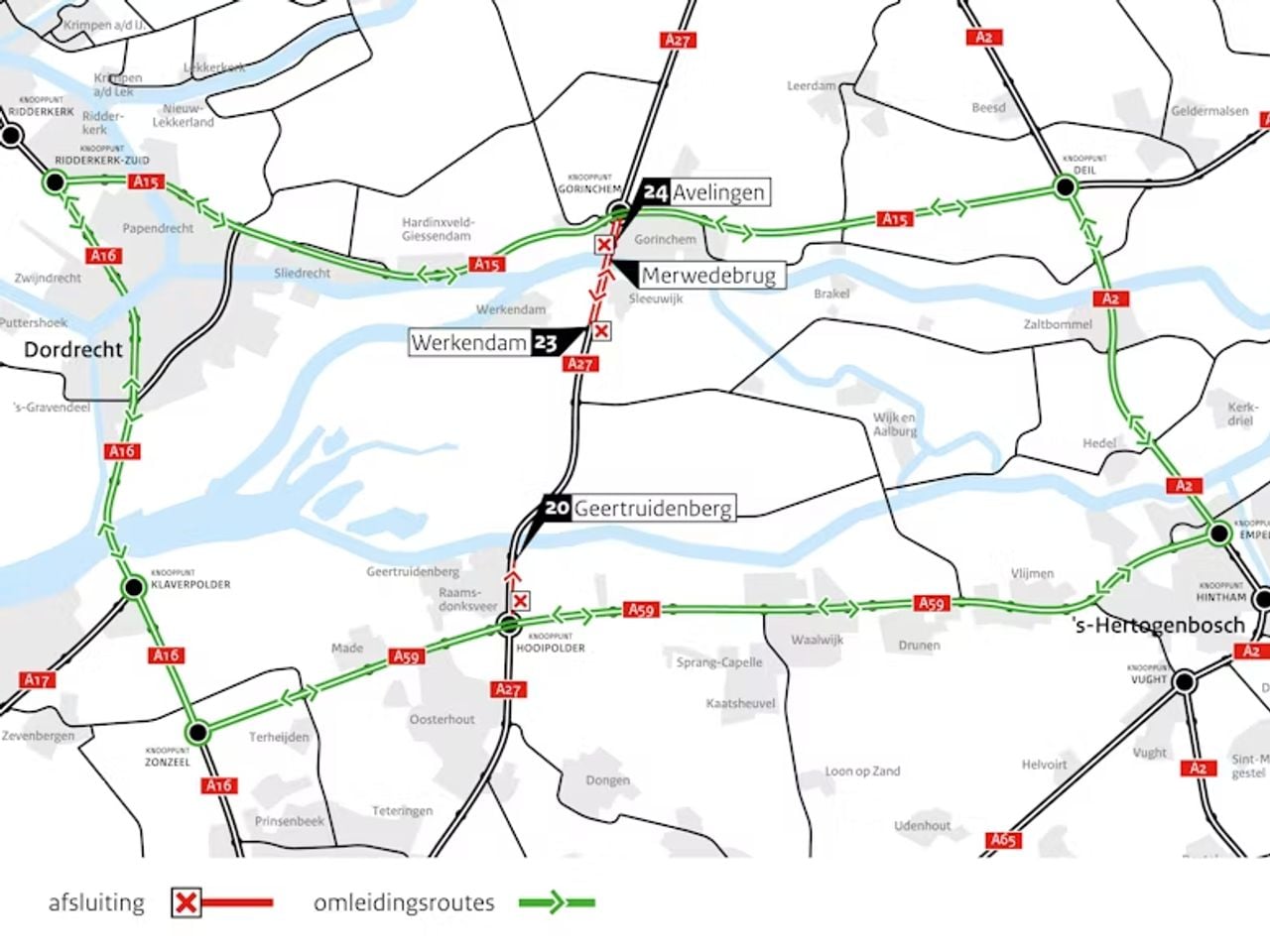 Omleidingskaart bij afsluitingen tussen Hooipolder en Gorinchem van 13 tot 16 maart 2026 (foto: Rijkswaterstaat).