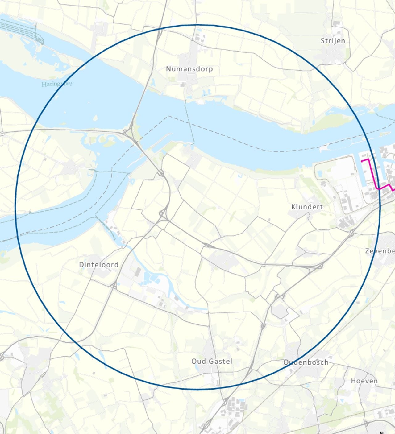 De 10 kilometer-zone rondom het met vogelgriep besmette bedrijf in Oudemolen (kaart: Rijksoverheid).