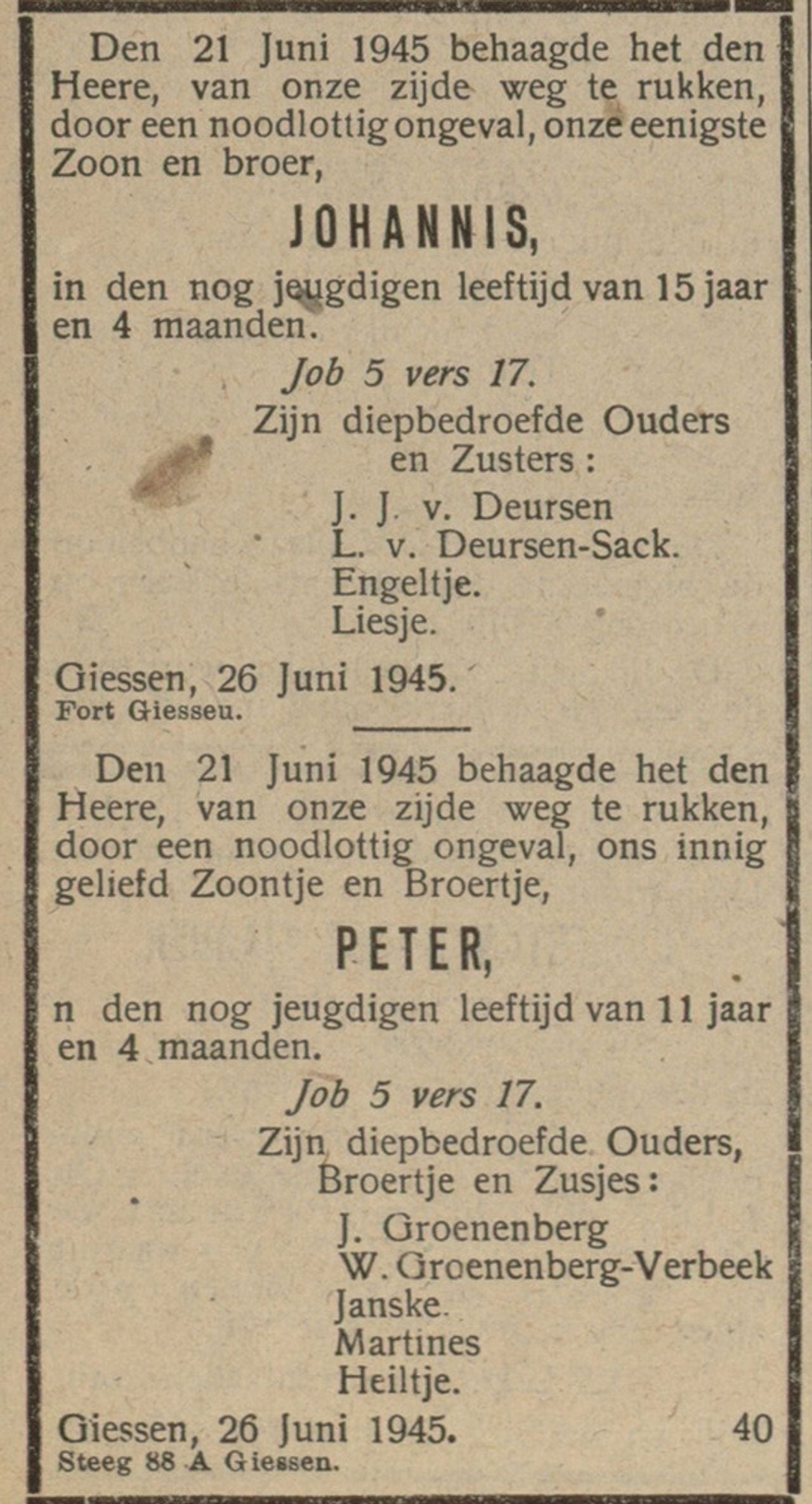 De overlijdensadvertentie van beide jongens die omkwamen bij de ontploffing van een mijn in Fort bij Giessen (De Sirene/Streekarchief Langstraat Heusden Altena)