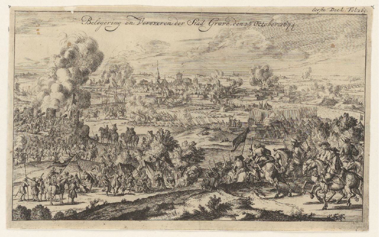 Prent van de verovering van Grave door Prins Willem Hendrik van Oranje (bron: Brabants Historisch Informatie Centrum)