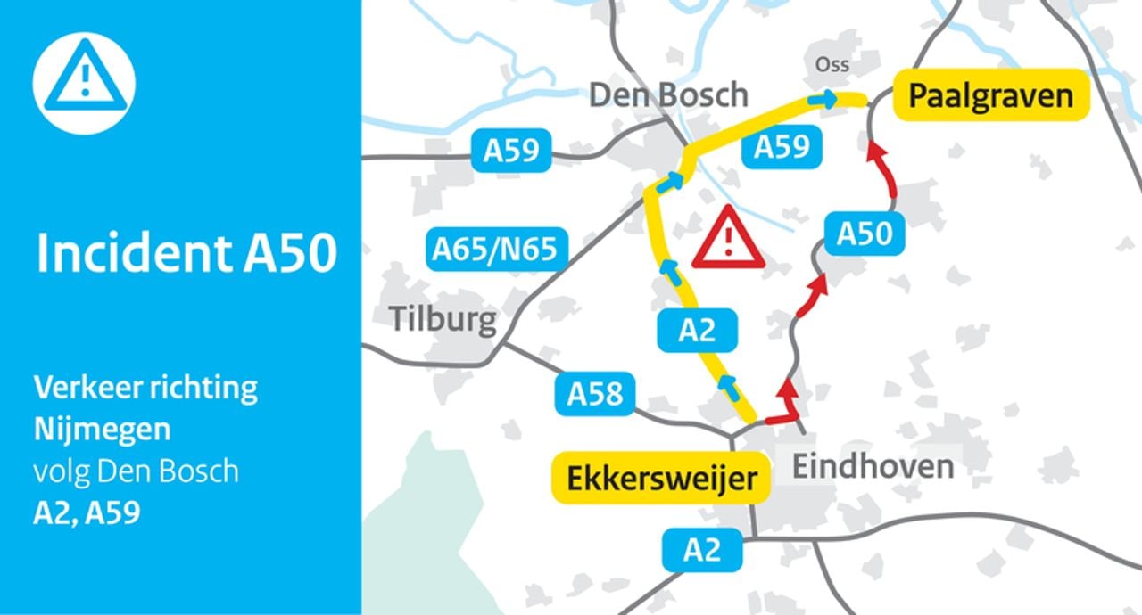 De omleidingsroute die Rijkswaterstaat heeft ingesteld (beeld: Rijkswaterstaat Verkeersinformatie).