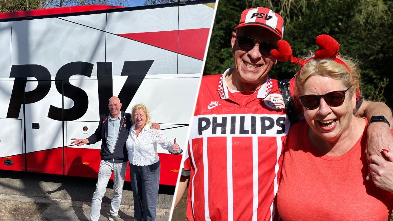 Foto links: bij de PSV spelersbus ter ere van het 65-jarig huwelijk van de ouders van Edith, foto rechts: Edith en René bij het kampioenschap van PSV.