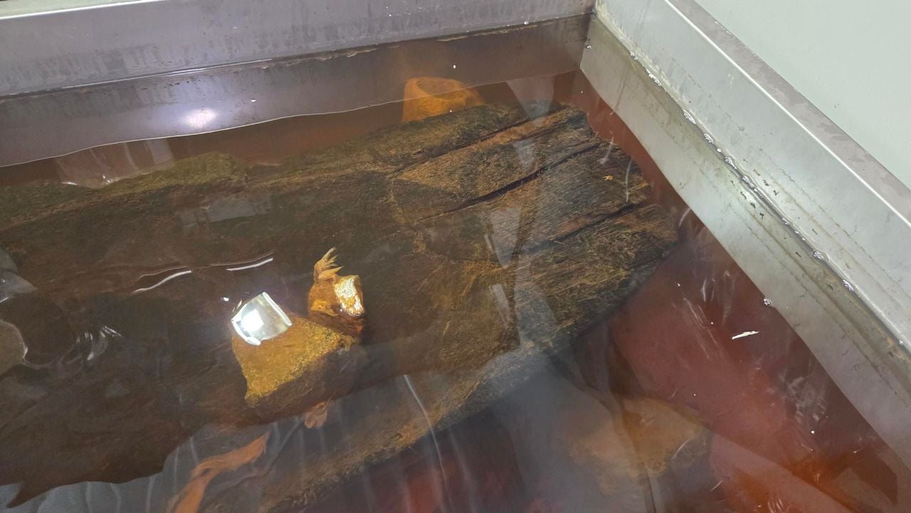 De boomstamkano in de vloeistof (foto: Noël van Hooft).