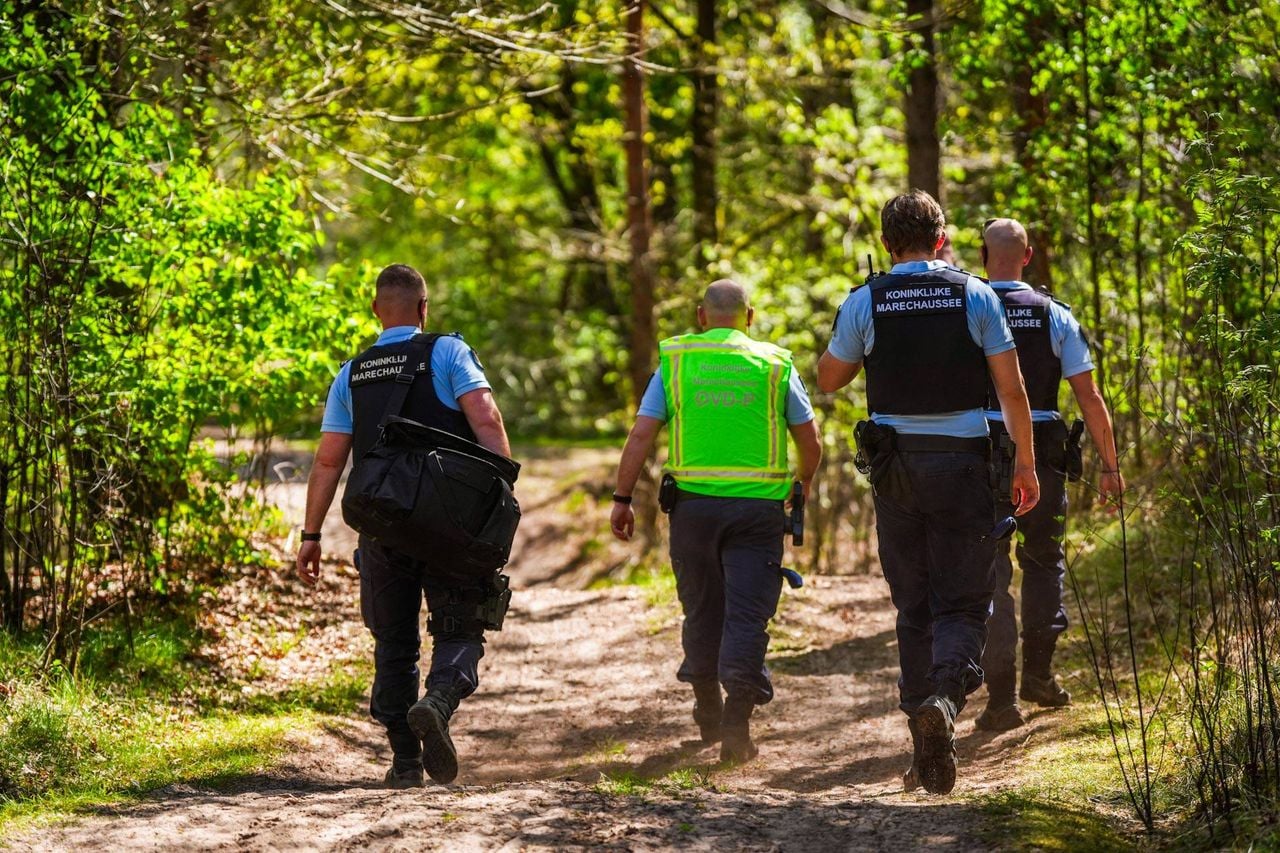 De marechaussee maakt een rondje in het bos (foto: Sem van Rijssel / Persbureau Heitink).