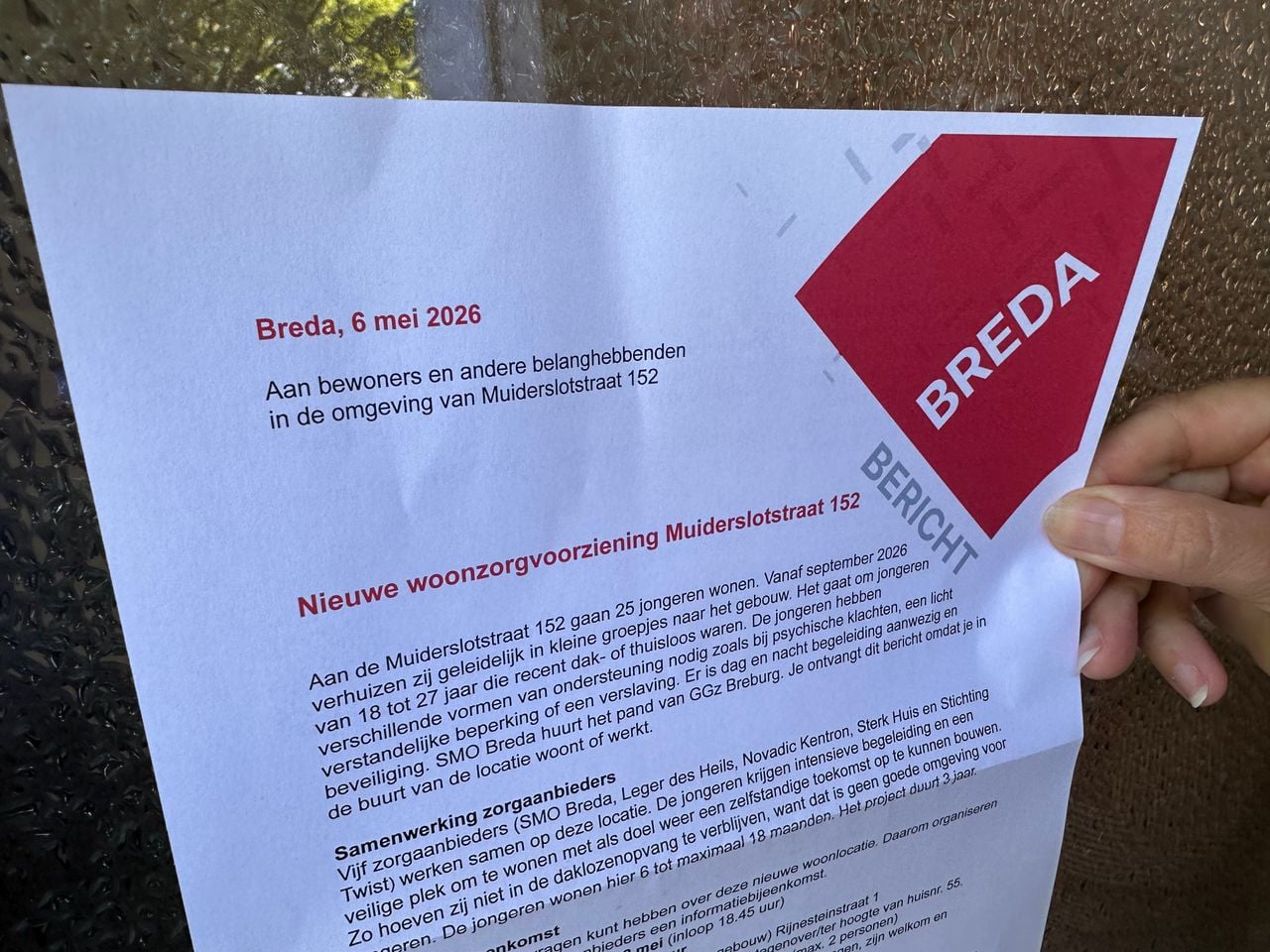 De brief die de gemeente Breda aan de buurt over de nieuwe daklozenopvang heeft gestuurd.