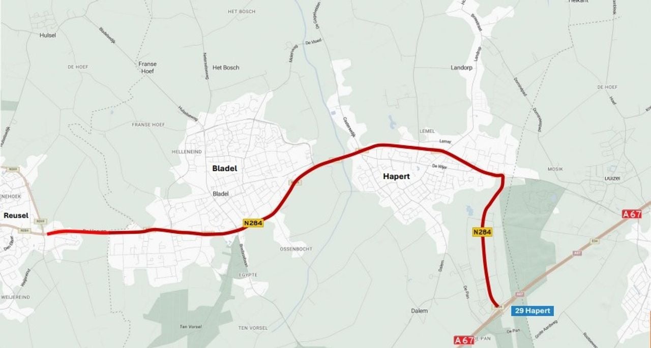 De N284 (kaart: BAM/Provincie Noord-Brabant)
