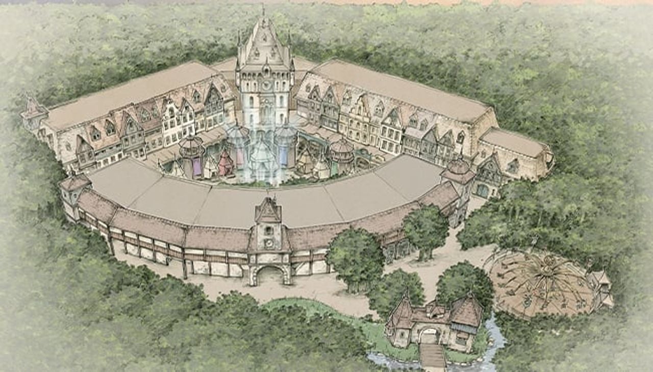 Zo gaat het themagebied rond Raveleijn eruitzien, met net buiten de 'stadsmuren' de nieuwe attractie Ravenring (bron: Efteling).