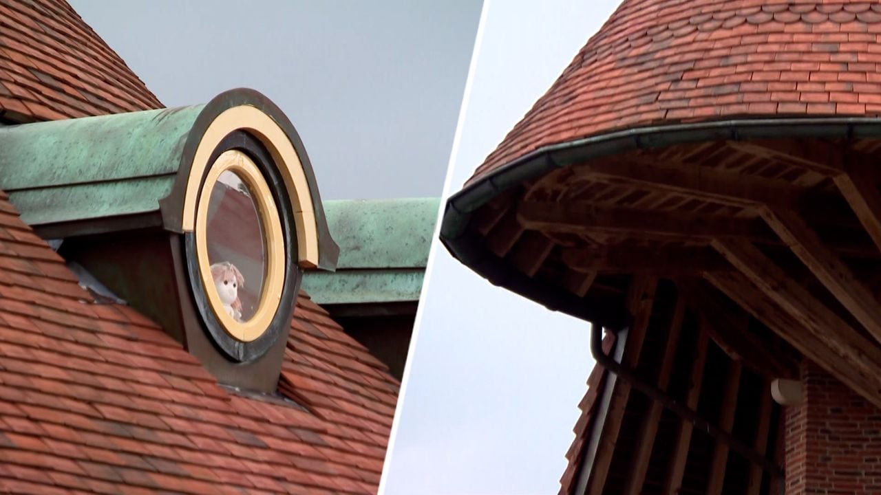 Rechts  de balkenconstructie van het puntdak, links de ronde ramen (foto's: Omroep Brabant). 