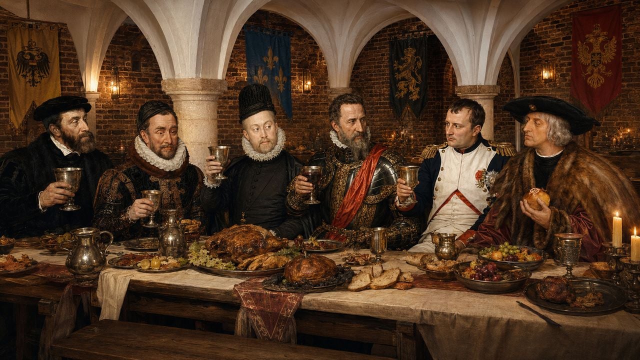 Stel je voor dat al die belangrijke mensen samen op een banket waren. En nee dat is nooit echt gebeurd (afbeelding gemaakt met Ai).