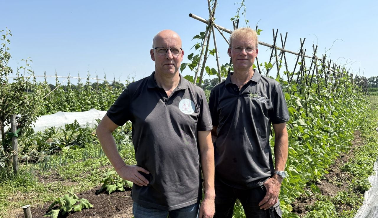 Jan en Ben Beijsens in de biologische tuin bij hun wormenkwekerij (foto: Karin Kamp).