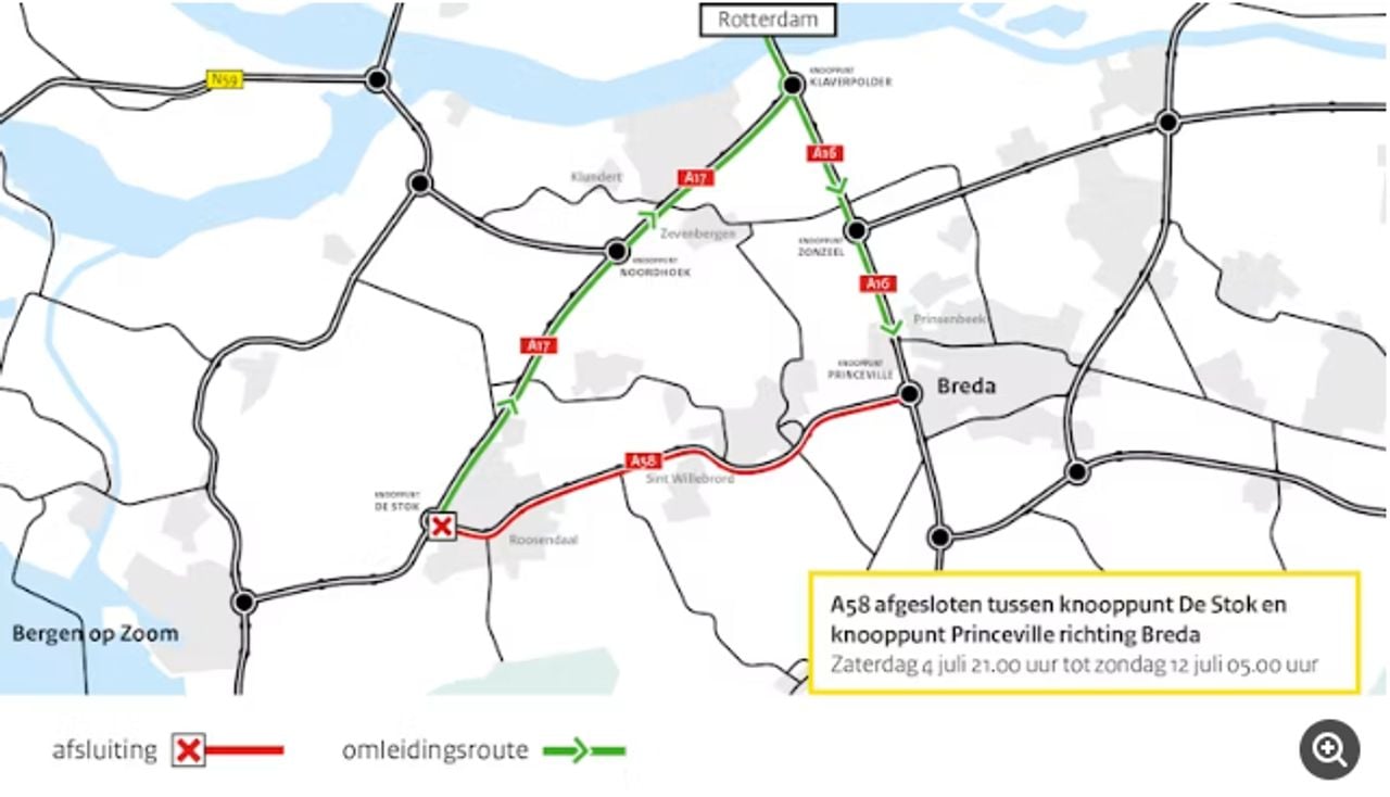 De A58 is de komende week dicht tussen Roosendaal en Breda (foto: Rijkswaterstaat)