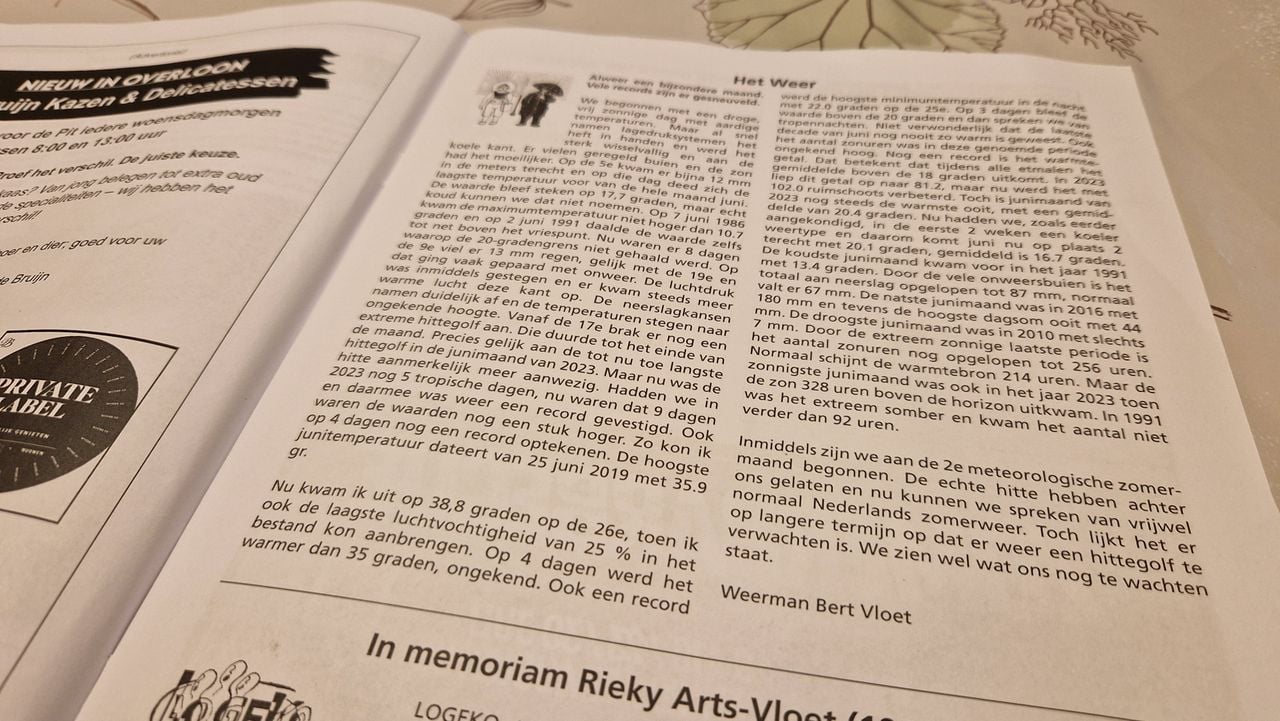 Een van de weerstukjes van 'Weerman Bert Vloet' in het lokale blad (foto: Tom Berkers).