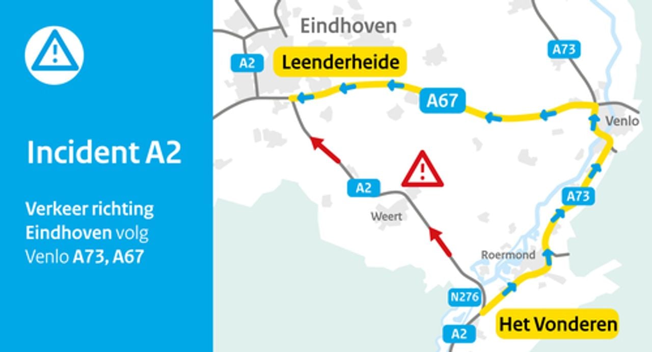 Verkeer A2 richting Eindhoven wordt omgeleid (foto: Rijkswaterstaat).