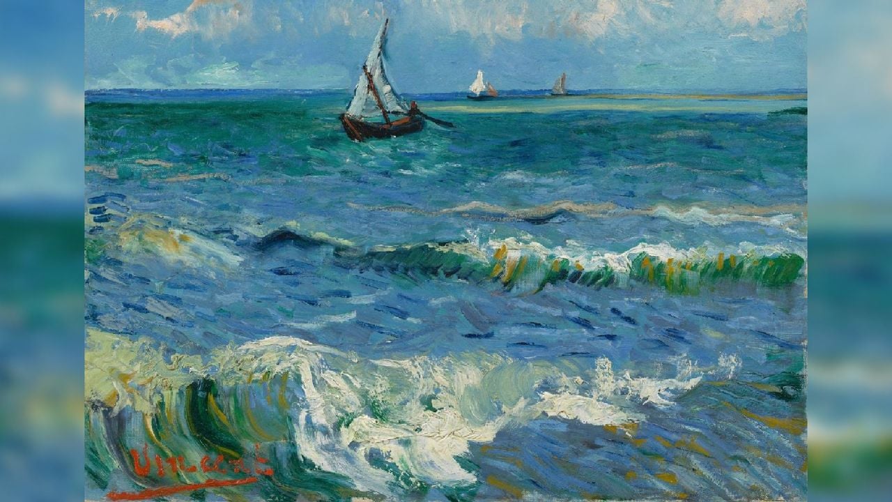 Het kunstwerk Zeegezicht bij Les Saintes-Maries-de-la-Mer (1888), dat hij wel ondertekende in het rood linksonder (foto: Van Gogh Museum).
