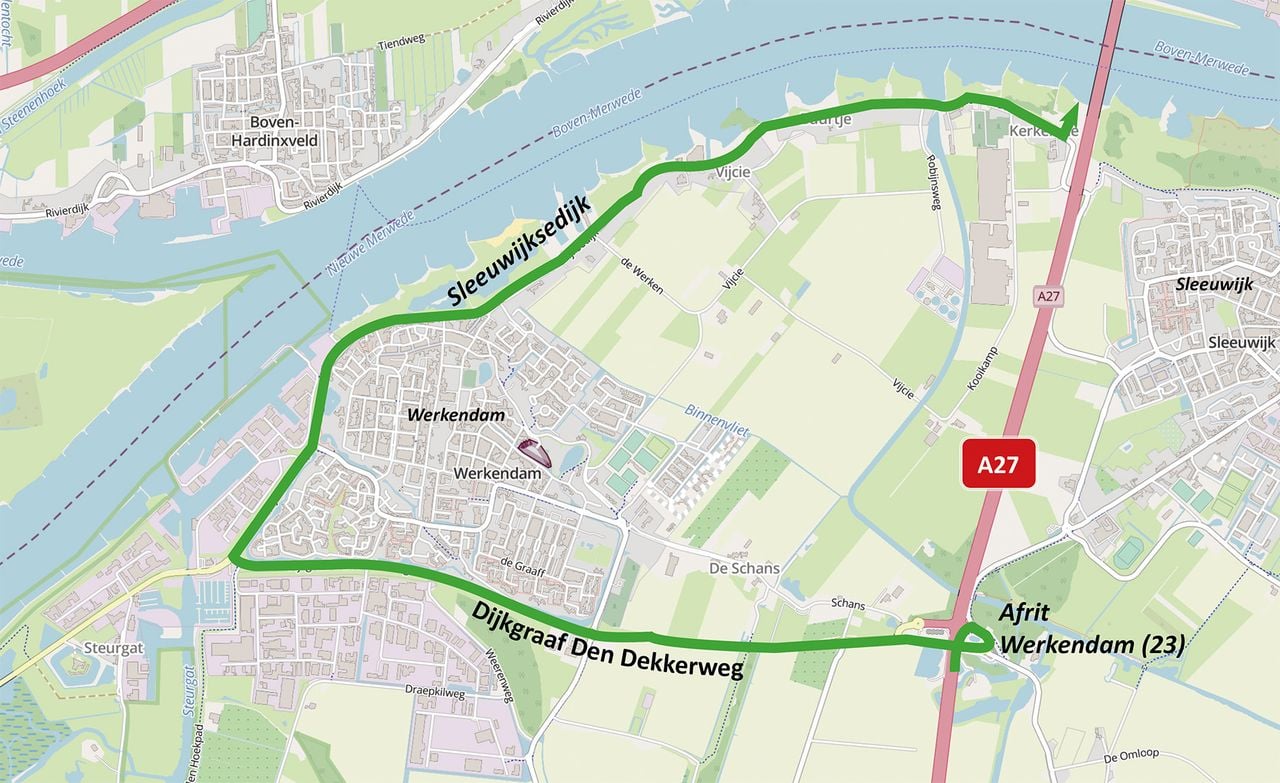 De route die de enorme buizen afleggen door Werkendam (afbeelding: ALSÉÉN).