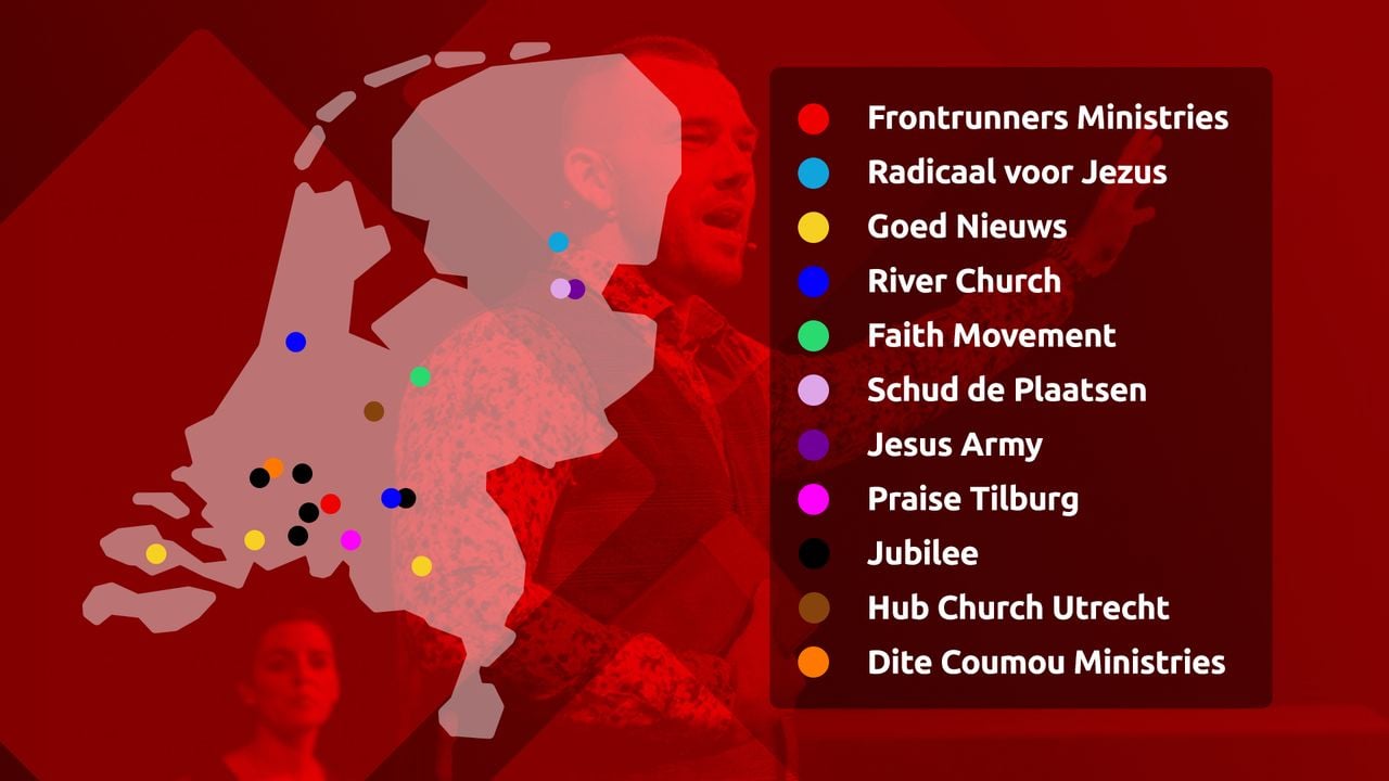 Religieuze organisaties die een link hebben met Frontrunners Ministries (beeld: Omroep Brabant, achtergrond: Facebook Frontrunners Ministries).