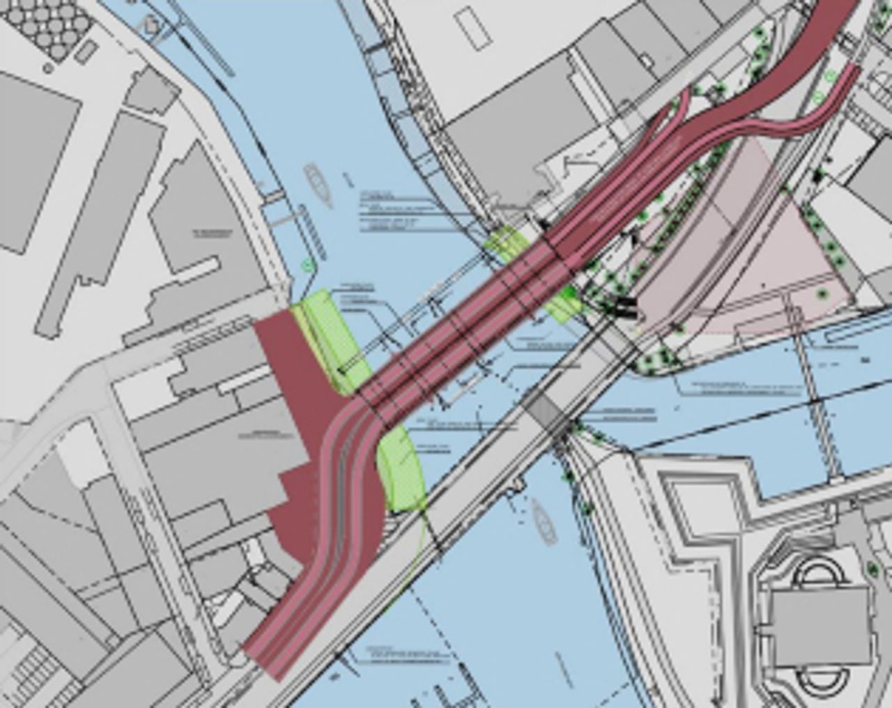 De rode lijn is waar de nieuwe brug moet komen (foto: gemeente Den Bosch).