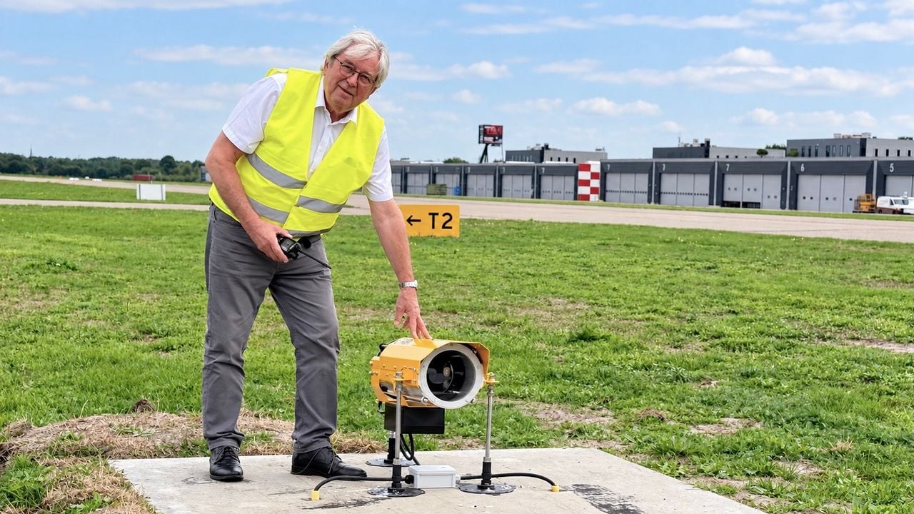 Directeur Jan Voeten van Breda International Airport bij een landingslicht op het vliegveld in Bosschenhoofd (foto: Erik Peeters/Omroep Brabant).