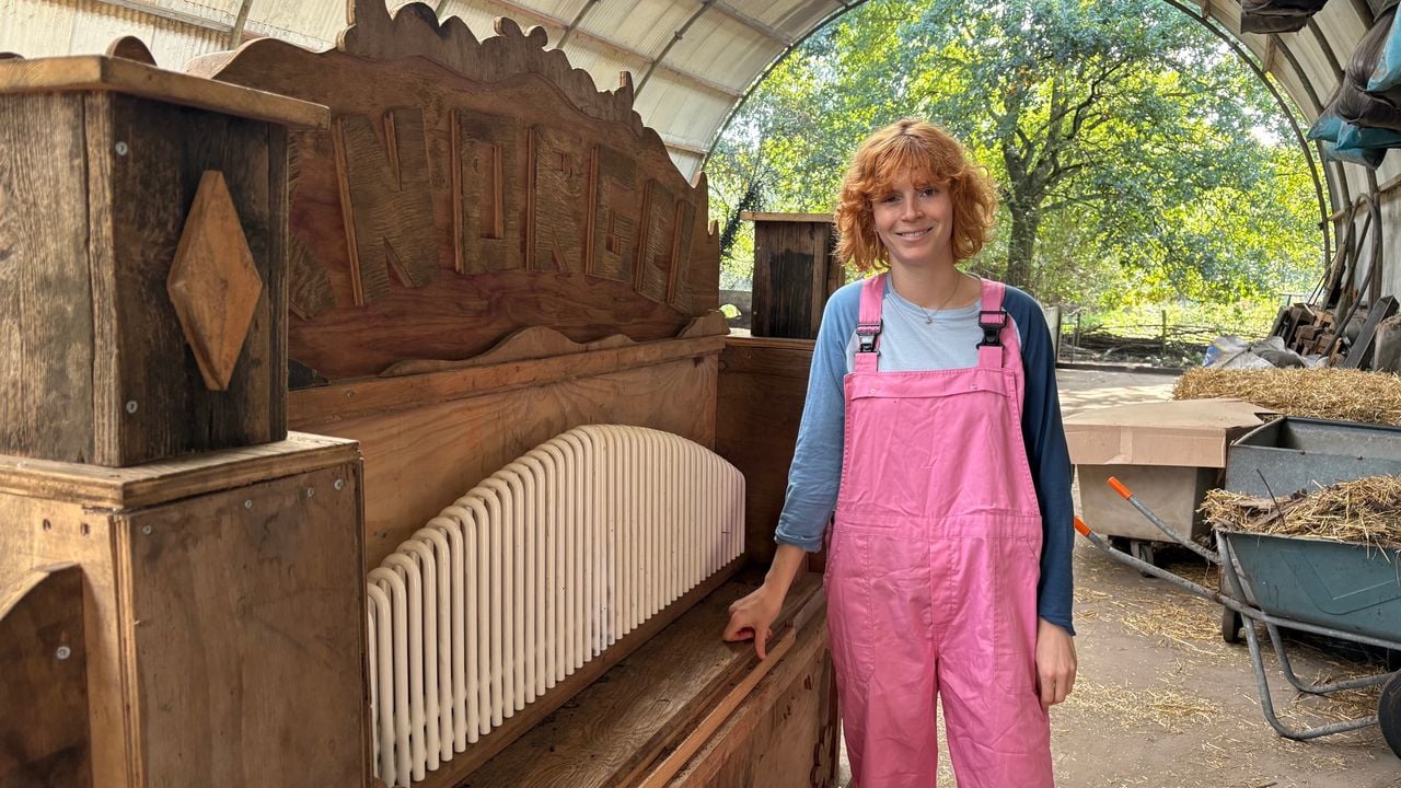 Kunstenares Pauline Wiersema naast haar knorgel in Asten (foto: Ruud Ritzen).
