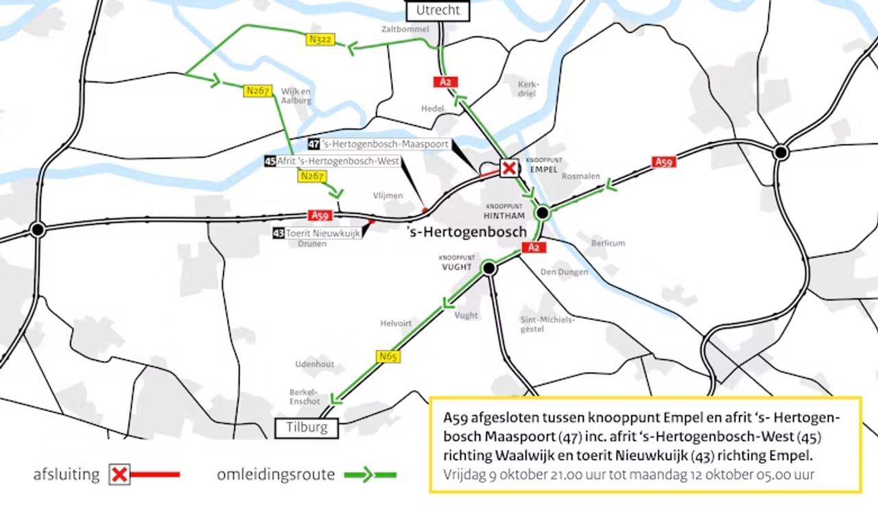 De afsluiting van 9 tot 12 oktober 2026 (kaart: Rijkswaterstaat).