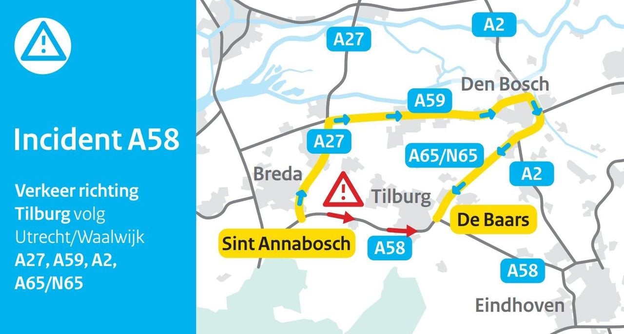 Advies van Rijkswaterstaat voor verkeer op A58 van Breda naar Tilburg (foto: Rijkswaterstaat). 