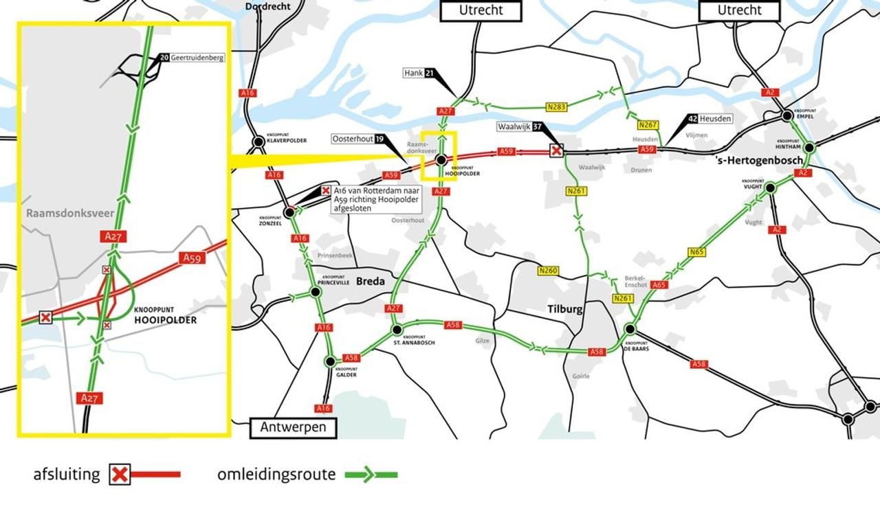 De omleidingen bij het knooppunt (foto: Rijkswaterstaat).
