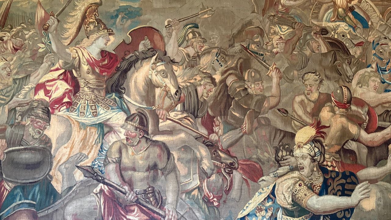 Deel van oude wandtapijt in kasteel Heeze waarop Alexander de Grote te zien is. 