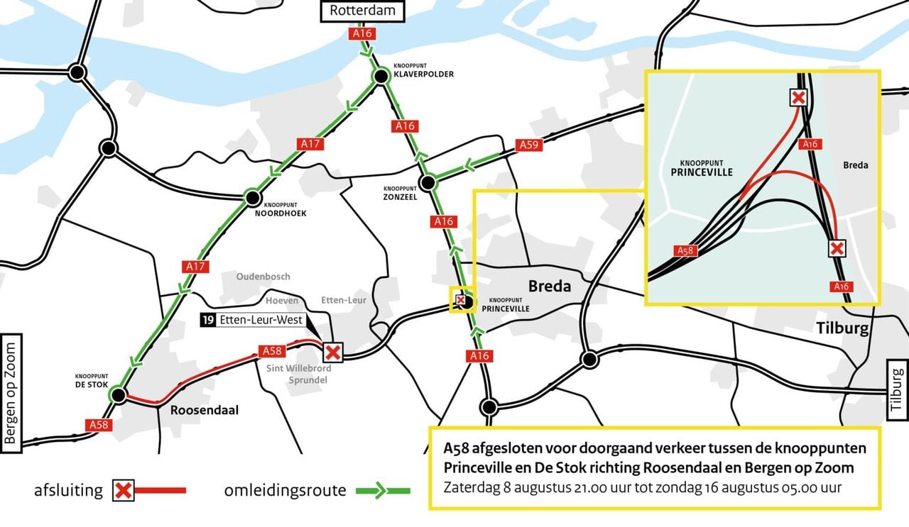 De A58 is de komende week dicht tussen Breda en Roosendaal (beeld: Rijkswaterstaat).