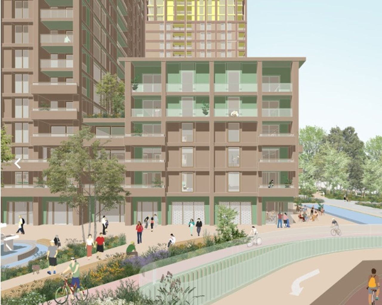 Op deze impressie is de fontein linksonder te zien, bij de entree van de parkeergarage aan de Zomerstraat.
