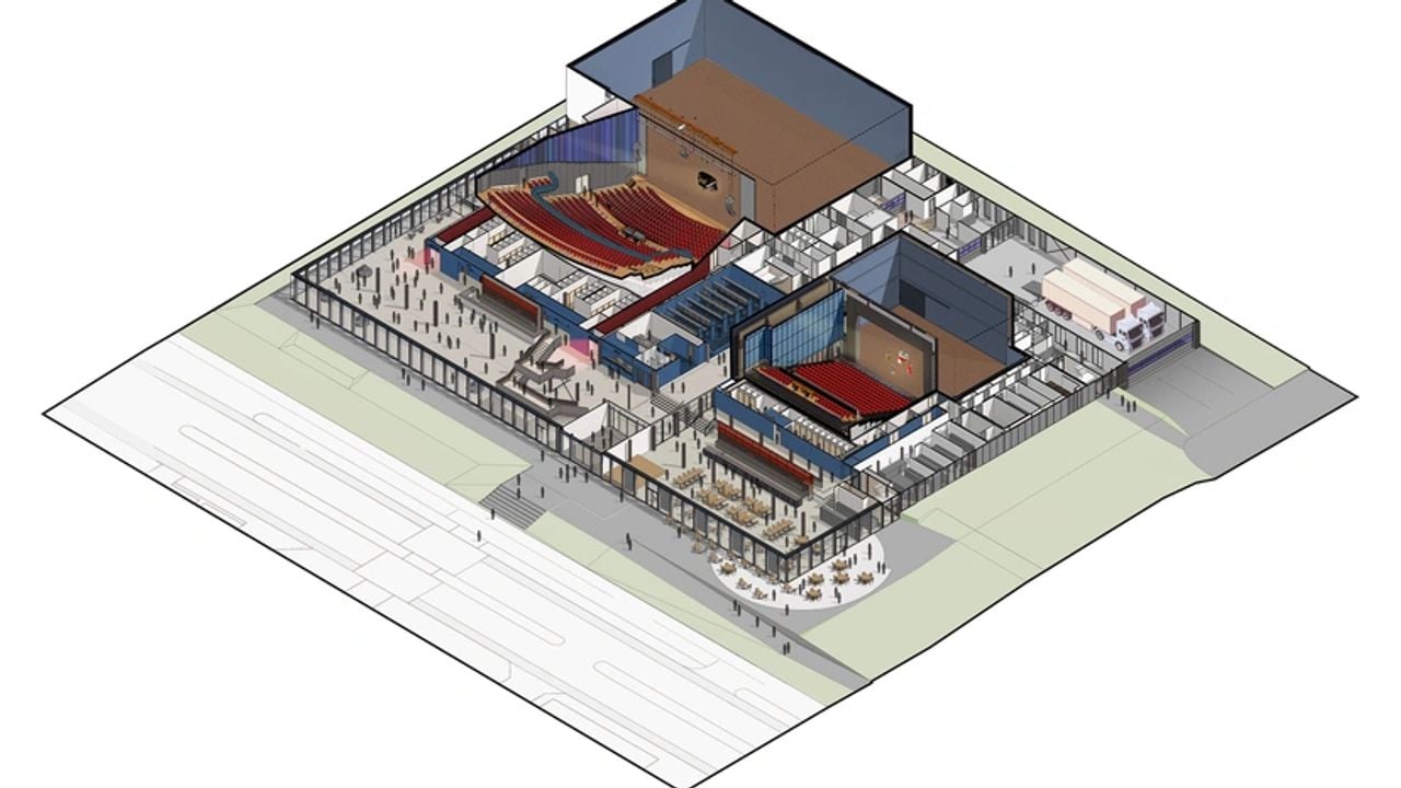 Links het oude Zuiderstrandtheater en rechts de oude theaterzaal van De Lievekamp (beeld: Cepezed).