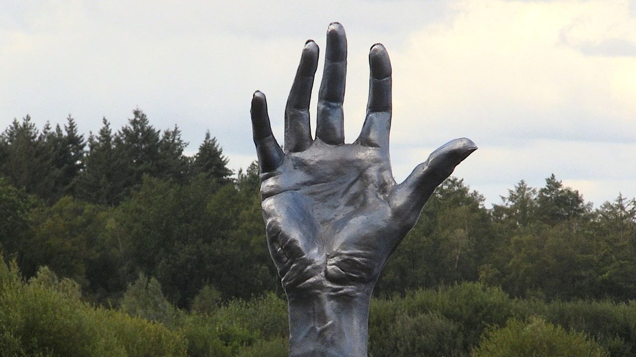 Een hand die uit het water steekt.