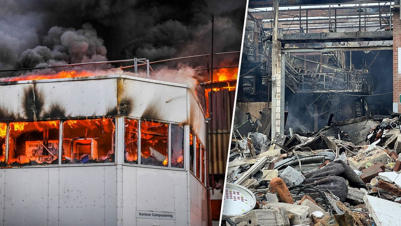 Attero tijdens en na de brand (foto's: Persbureau Heitink/Dave van Hattem).