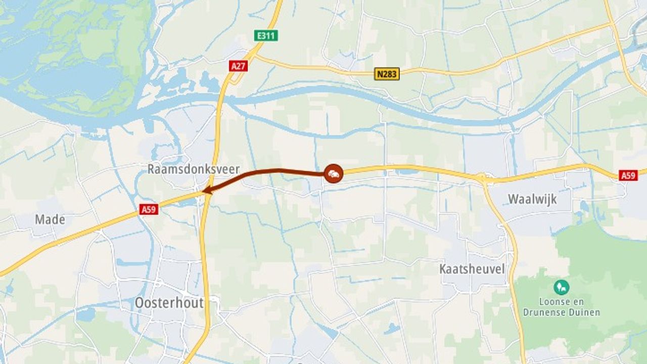 De situatie op de A59 (kaartje: ANWB).