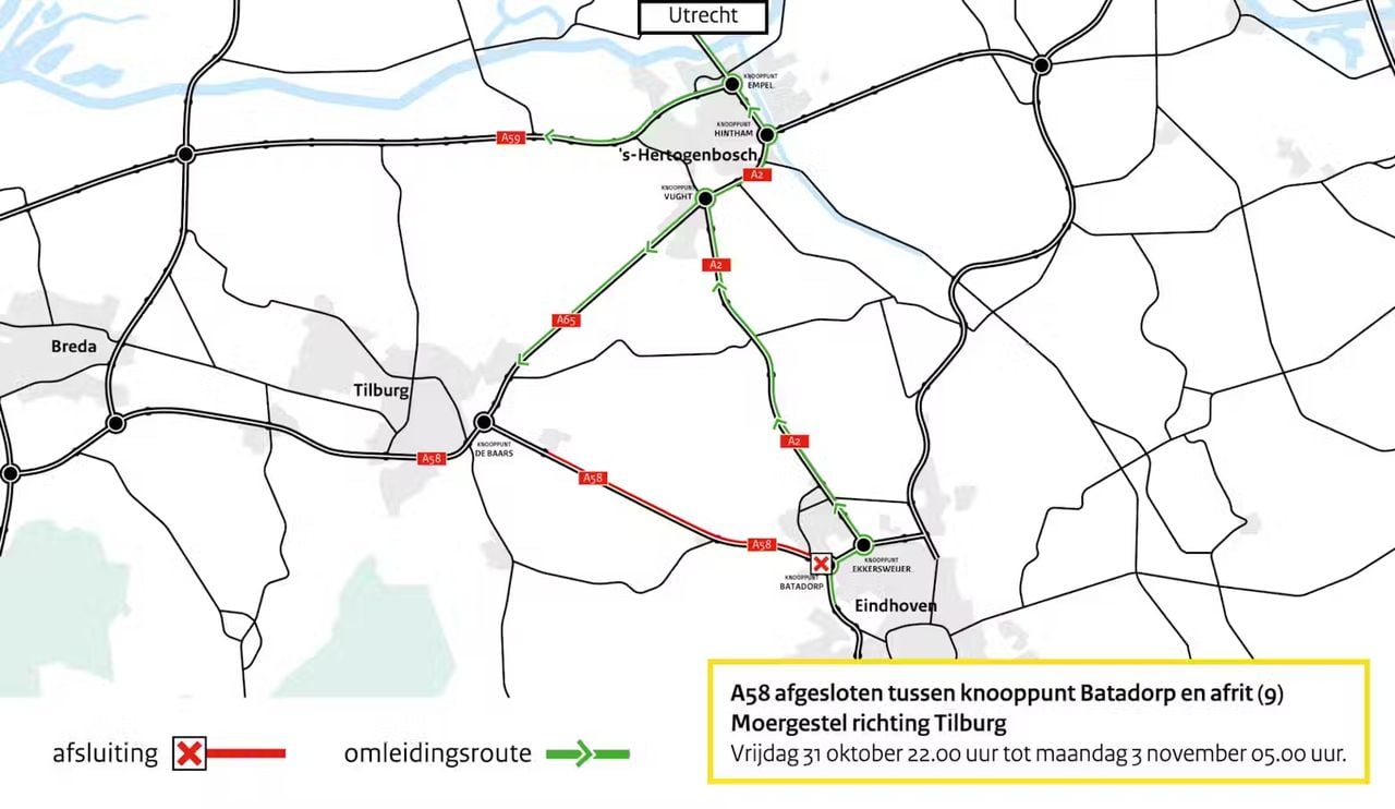 De omleidingsroutes (kaart: Rijkswaterstaat)
