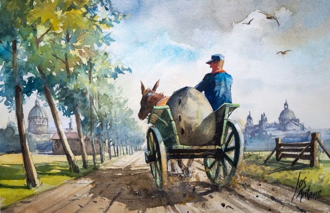 Boer Akkermans neemt de 'dondersteen' mee naar Oudenbosch (bron: heemkundekring 'Het Land van Gastel'/kunstschildering Jos Antens).