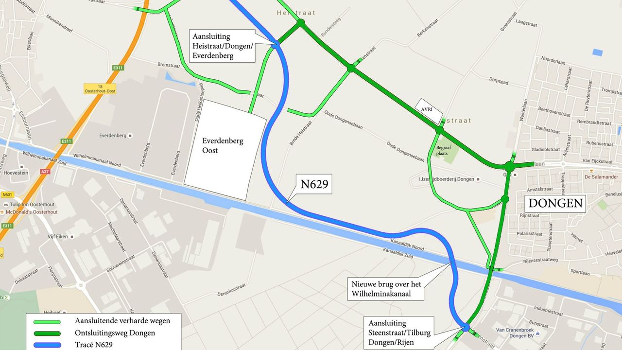 Het tracé van de omleiding van de N629