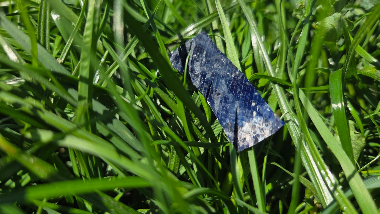 Glasdeeltje van zonnepaneel in weiland (foto: Noël van Hooft).