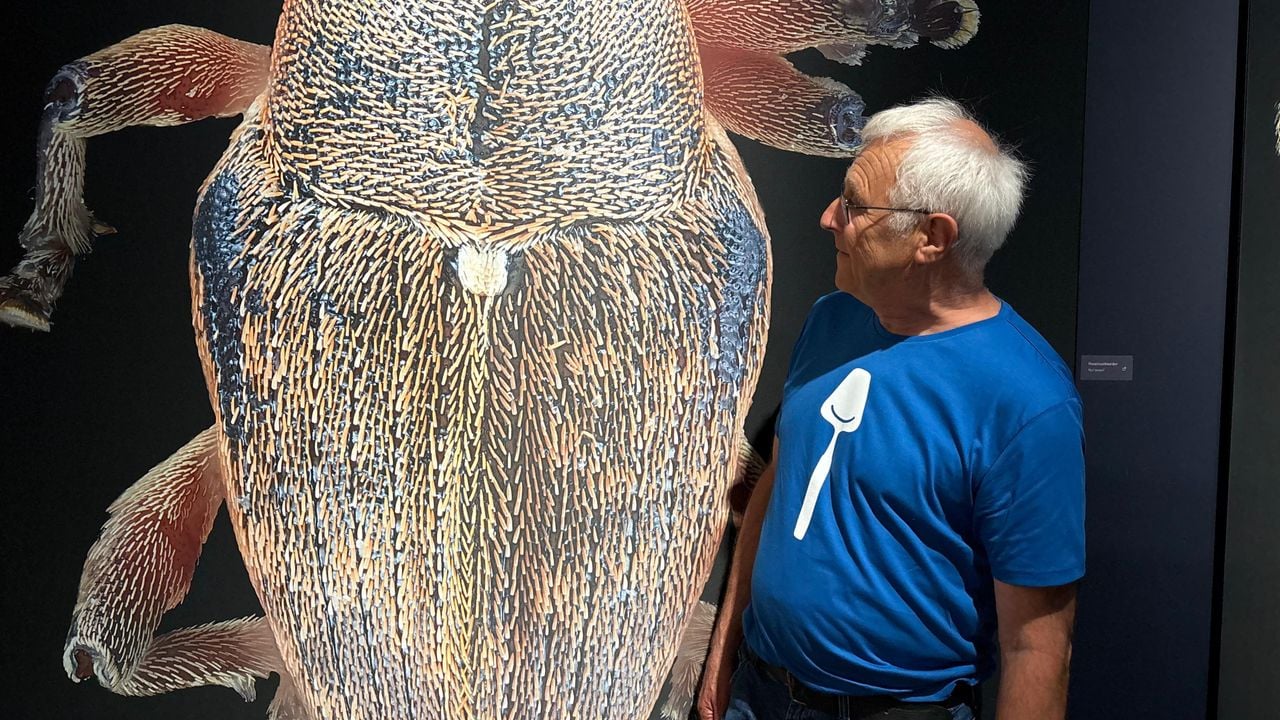 Sipke bij een van de enorme foto's bij Natuurmuseum Brabant (foto: Pieter Soethout)