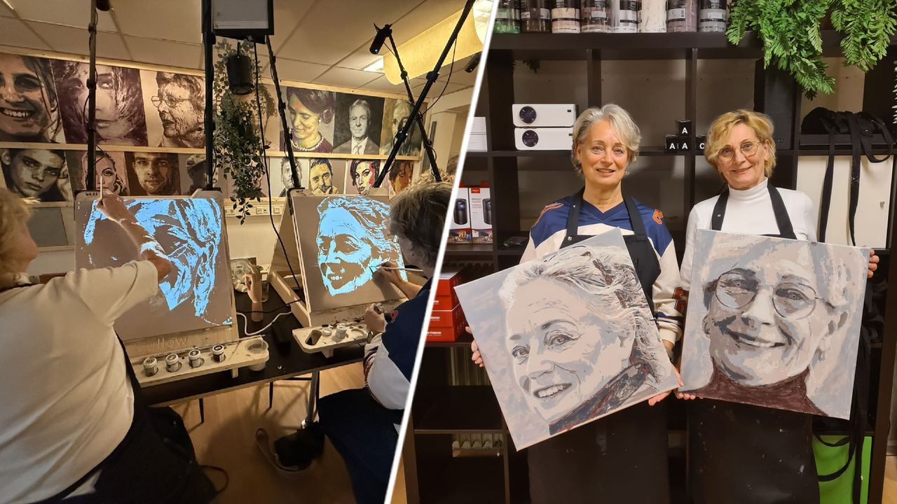 Trudy en Carola tijdens het schilderen en het eindresultaat van hun zelfportretten (foto: Megan Hanegraaf/ Vullow).