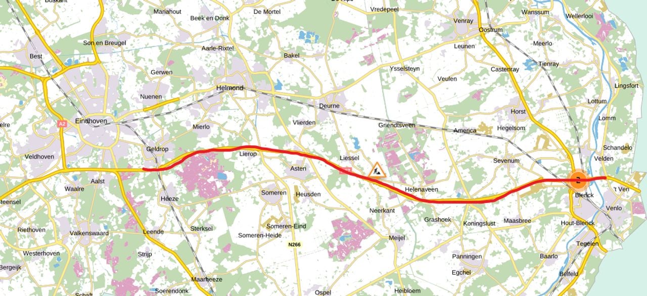 De afsluiting van de A67 (afbeelding: Rijkswaterstaat).