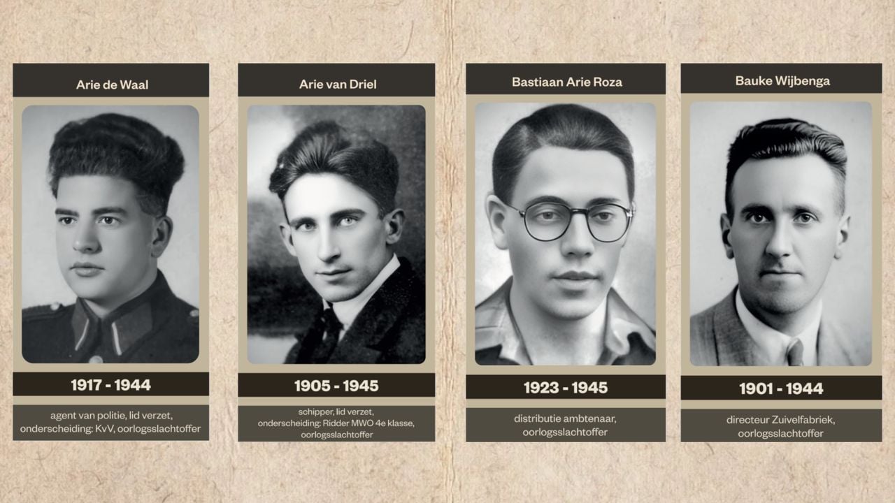 Een aantal van de oorlogshelden die zijn afgebeeld op de banners in Sleeuwijk (foto's: Oorlogsgravenstichting, achtergrond: Rawpixel).